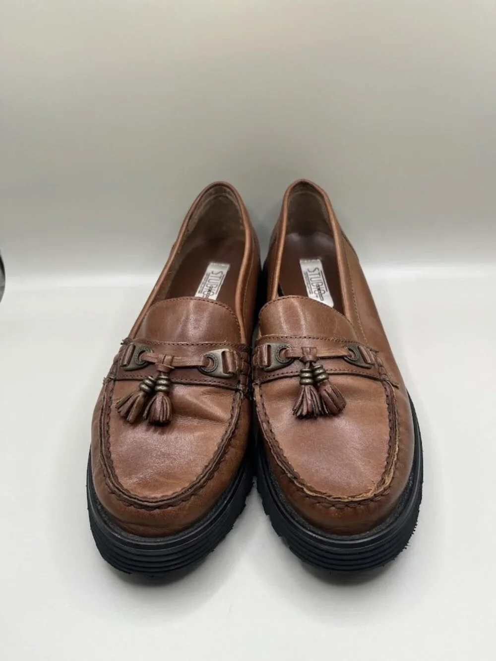 VTG Studio Brown Leather Tassel Loafers Chunky Lug Sole Preppy Academia Size 10